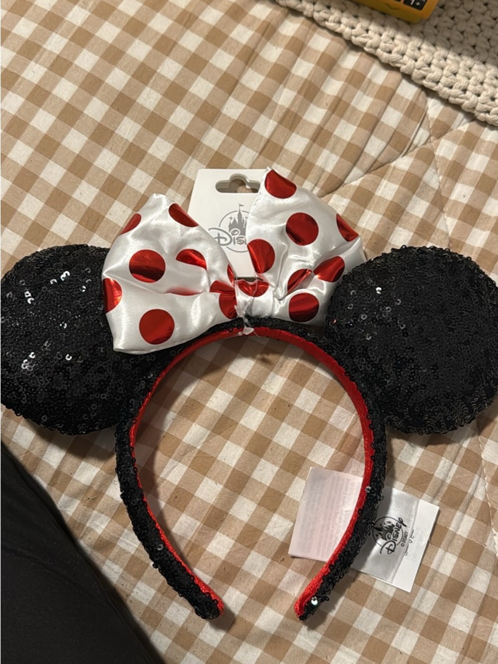 Disney Black Sequin Minnie Ears Headband with White and Red Polka Dot Bow